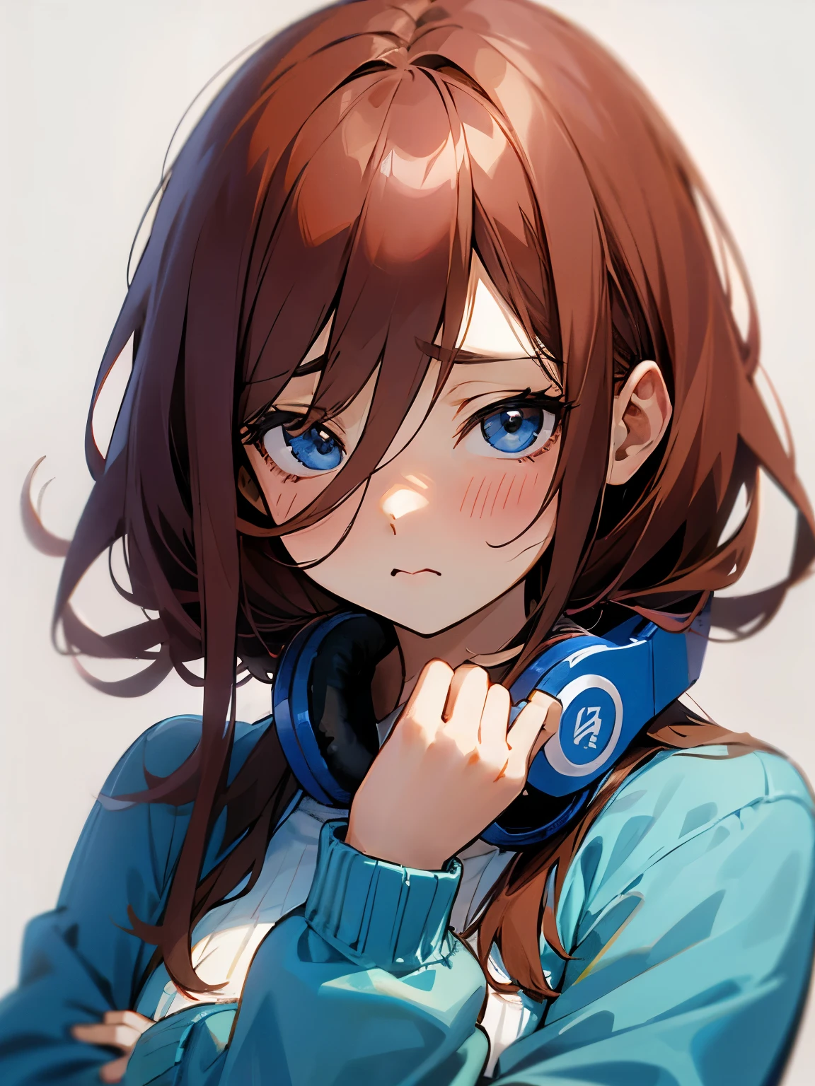 Miku Nakano、Puffy face、???? out your cheeks、Puffing out cheeks、Brown Hair、Headphones、Blue cardigan、White shirt