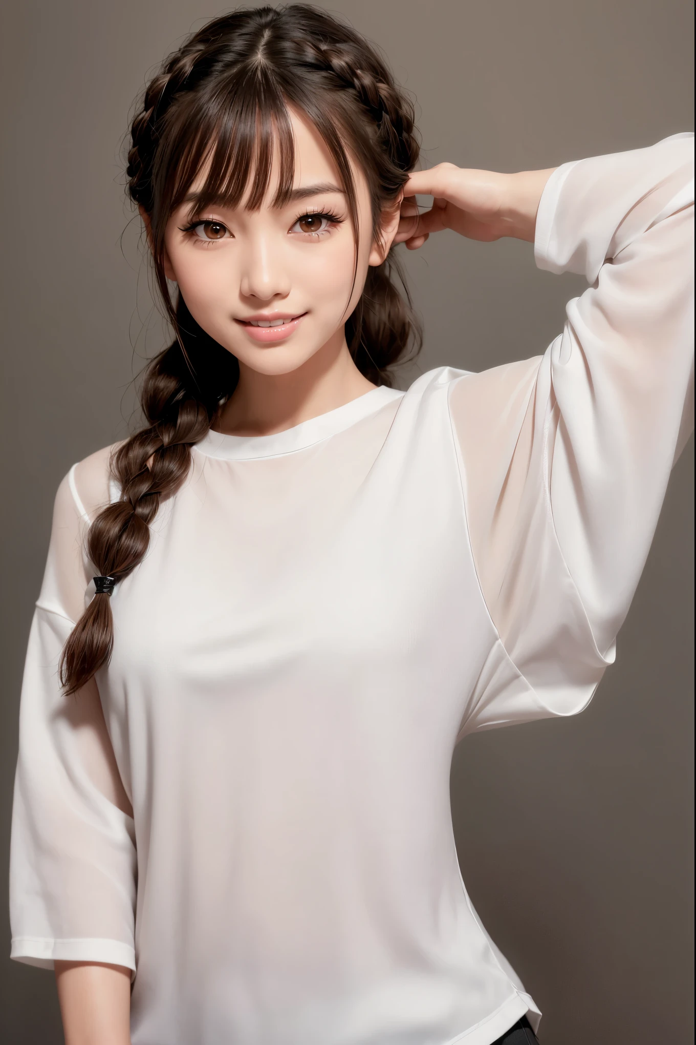 Realistic, masterpiece, highest quality, Highest resolution,Photo from chest up, Gray blank background, One Japanese woman, Happy smile, Detailed and beautiful eyes, Iris, Sparkling eyes, Thin eyebrows, Gives your eyelashes a delicate finish, False eyelashes, Date makeup, (Braided Hair, Blunt bangs, Brown Hair:1.2), Detailed face, She is looking to the side, laughing, Mouth open, cheeks pink, (Model-like pose,Pose with arms raised to show armpits), ((3/4 sleeve white blouse), He's wearing a black shirt underneath, Black long skirt:1.3)