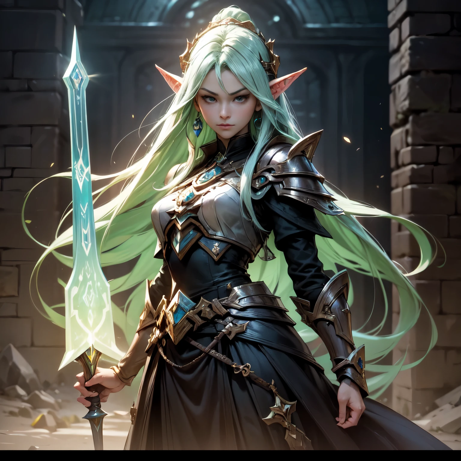 a close-up of a comic action character with detailed art and sharp drawing. A beautiful elven warleader, surrounded by magic holding some kind of futuristic weapon, arte conceitual de Yusuke Murata, trends on Artstation, sob arte, de Hearthstone, elven person, hearthstone card art, trading card art. The surrounding royal castle dungeon environment is threatening, with stone walls and a silence that seems oppressive, cercado por feixes de luzes, magical jewelry and clothing of nature. 8k resolution in ultra HD image.