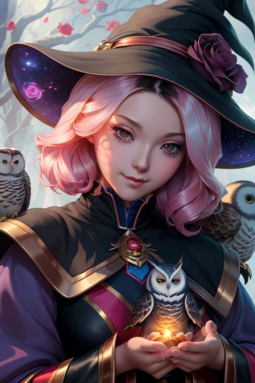 (Best Quality, tmasterpiece:1,1), ( Mystics Package, Little witch with an owl,  rose hair, illustartion, by Ross Tran), painting, Detailed, ((Ross Tran Style)), 8K