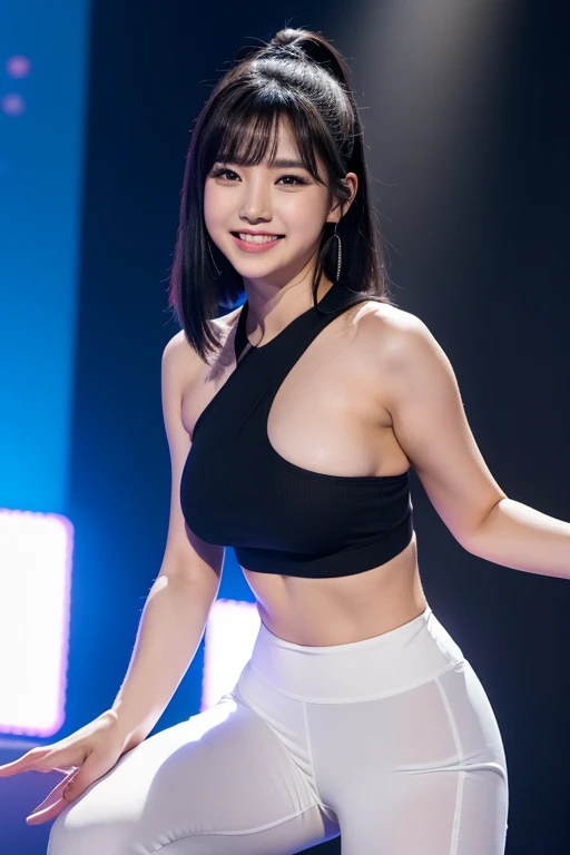 An Yujin in IVE girl group woman, shoulder hair, black hair, straight hair, thick flat bangs hair, sexy woman, K-pop idol, smiling, single woman, large breasts, tight bandeau tube-top white colour, tight short legging pants black colour, heels black colour, sexy pose hot, concert stage place