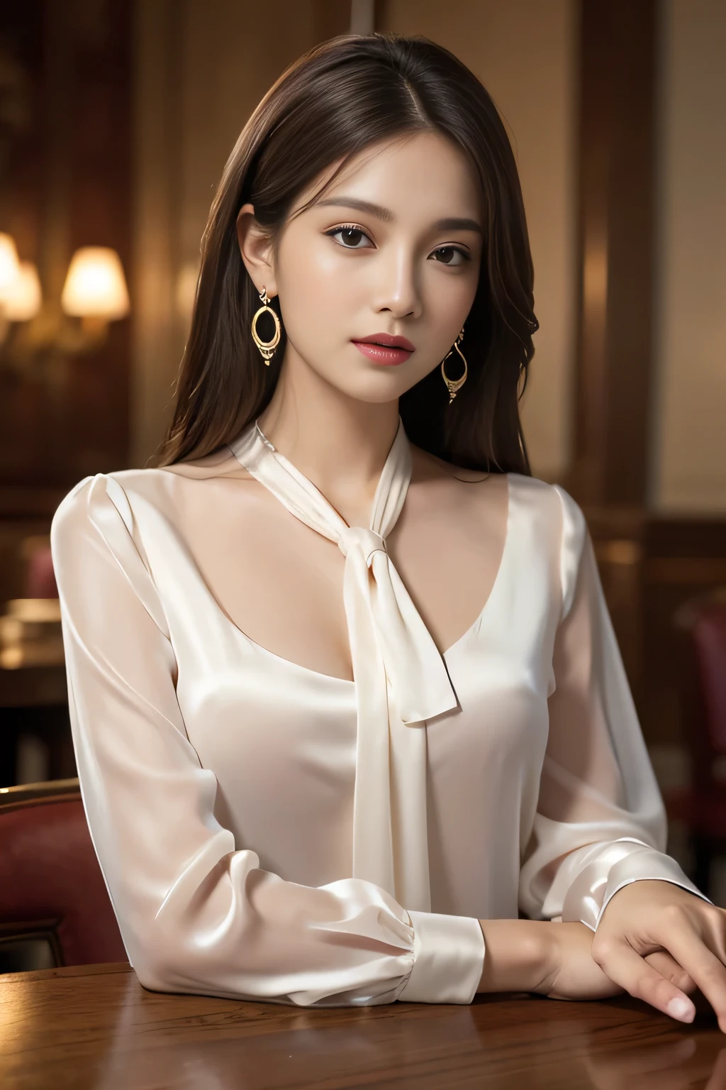 masterpiece, highest quality, Realistic, Very detailed, Finer details, High resolution, 8k wallpaper, One beautiful woman, Wear an elegant silk see-through blouse, In a great restaurant, At night, Light brown messy hair, Perfect dynamic composition, Beautiful and beautiful eyes、Big earrings