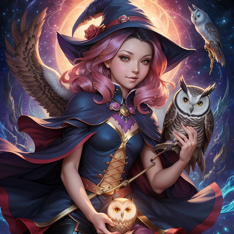 (Best Quality, tmasterpiece:1,1), ( Mystics Package, Little witch with an owl, rose hair, illustartion, by Ross Tran), painting, Detailed, ((Ross Tran Style)), 8K