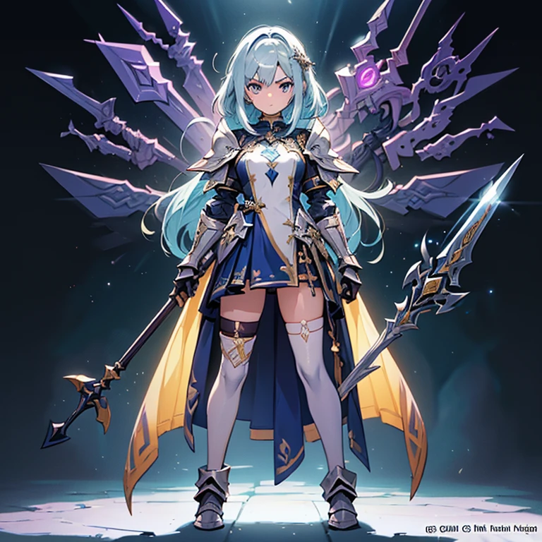 Design a layout showcase Gaming character, (1girl). Golden+Purle clothes, stylish and unique, ((showcase weapon:1.4)), magic staff, (masterpiece:1.2), (best quality), 4k, ultra-detailed, (Step by step design, layout art:1.5), (luminous lighting, atmospheric lighting), magican, ((glove full hands)), (((revealing clothes:1.3))), vambraces, armored legwear, (((full_body_shot:1.4)))