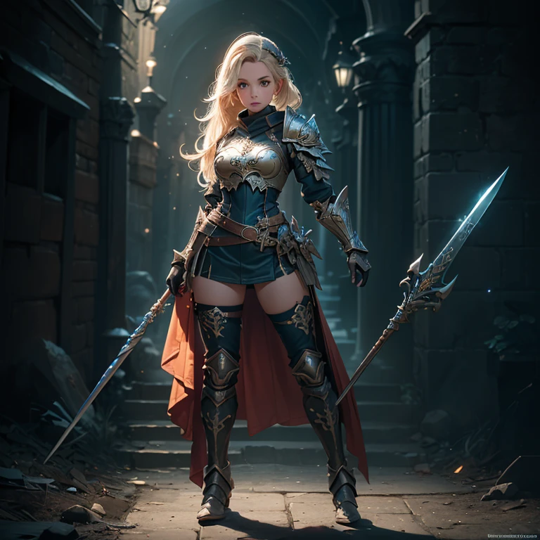 Design a layout showcase Gaming character, (1girl). Golden+Purle clothes, stylish and unique, ((showcase weapon:1.4)), magic staff, (masterpiece:1.2), (best quality), 4k, ultra-detailed, (Step by step design, layout art:1.5), (luminous lighting, atmospheric lighting), magican, ((glove full hands)), (((revealing clothes:1.3))), vambraces, armored legwear, (((full_body_shot:1.4)))