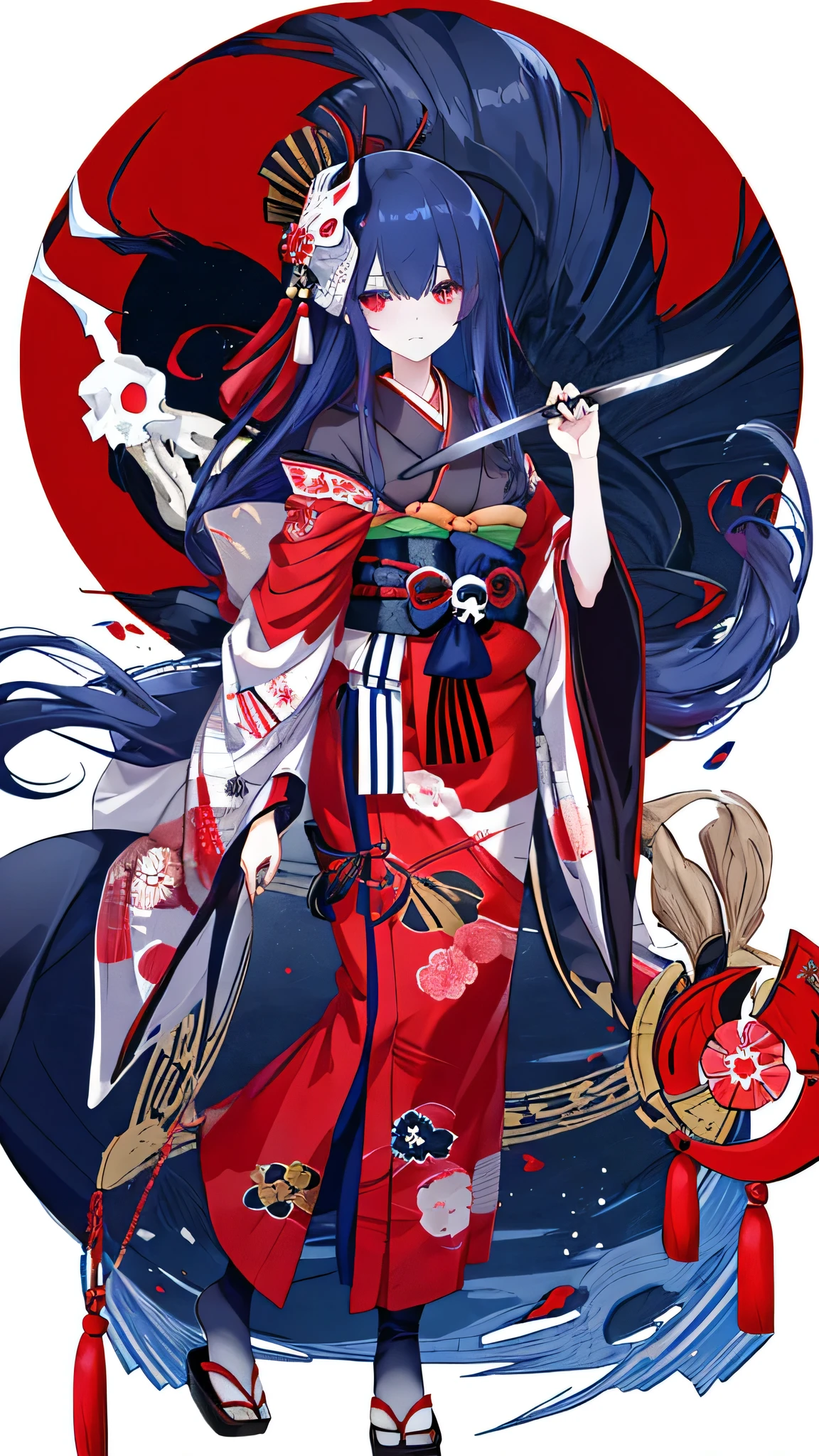 “A full-body illustration of a girl wearing a skull mask and a traditional kimono. She has long, navy blue hair that flows down to her waist. A Japanese sword is sheathed at her waist. In the background, a red crescent moon illuminates the scene. The image should be high resolution and capture the intricate details of her attire and surroundings.”
