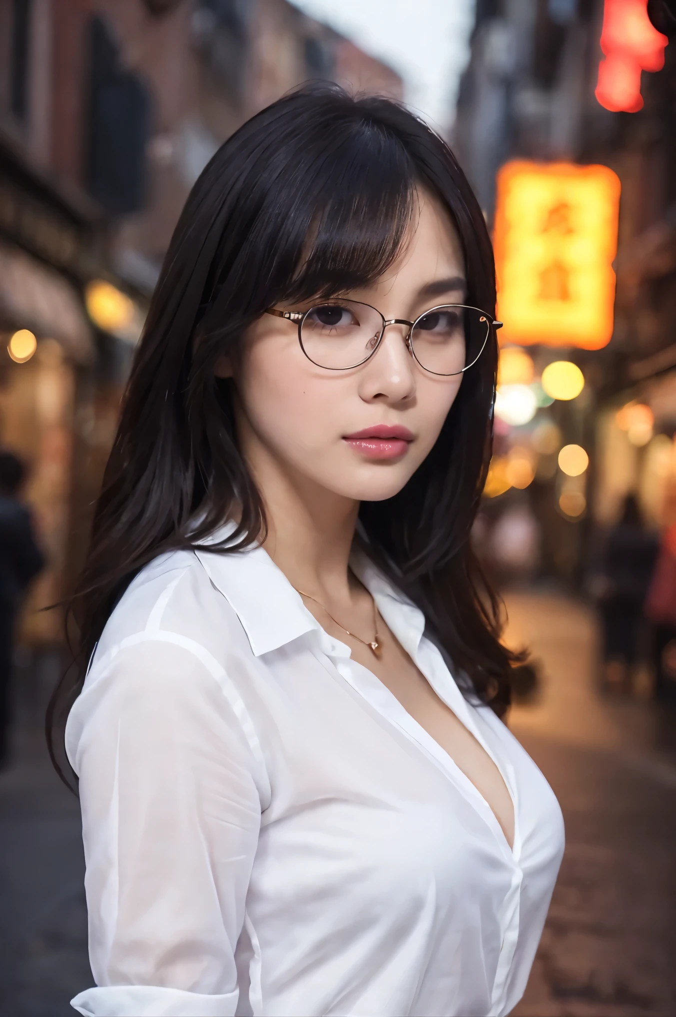 (highest quality、Tabletop、8k、Best image quality、Award-winning works)、One beautiful woman、Age 25、Perfect beautiful composition、(Classy glasses:1.1)、(Cleavage:1.1)、Big breasts that look like they might burst、Accentuate your body lines、(Perfect and precise white polyester shirt:1.3)、look at me、(Sexy look:1.1)、Perfect Makeup、attractive、Sexy、Lustrous and bright lips、Accurate anatomy、(Face close-up:1.3)、look at me、(The moodiest entertainment district lighting:1.1)、(Moody and romantic atmosphere blurred red light district street background:1.2)、Perfect Makeup、Ultra-high definition beauty face、Ultra HD Hair、Ultra-high definition moisturizing eye area、(Ultra High Resolution Perfect Teeth:1.1)、(Ultra-high resolution glossy skin:1.1)、Super high quality glossy lip