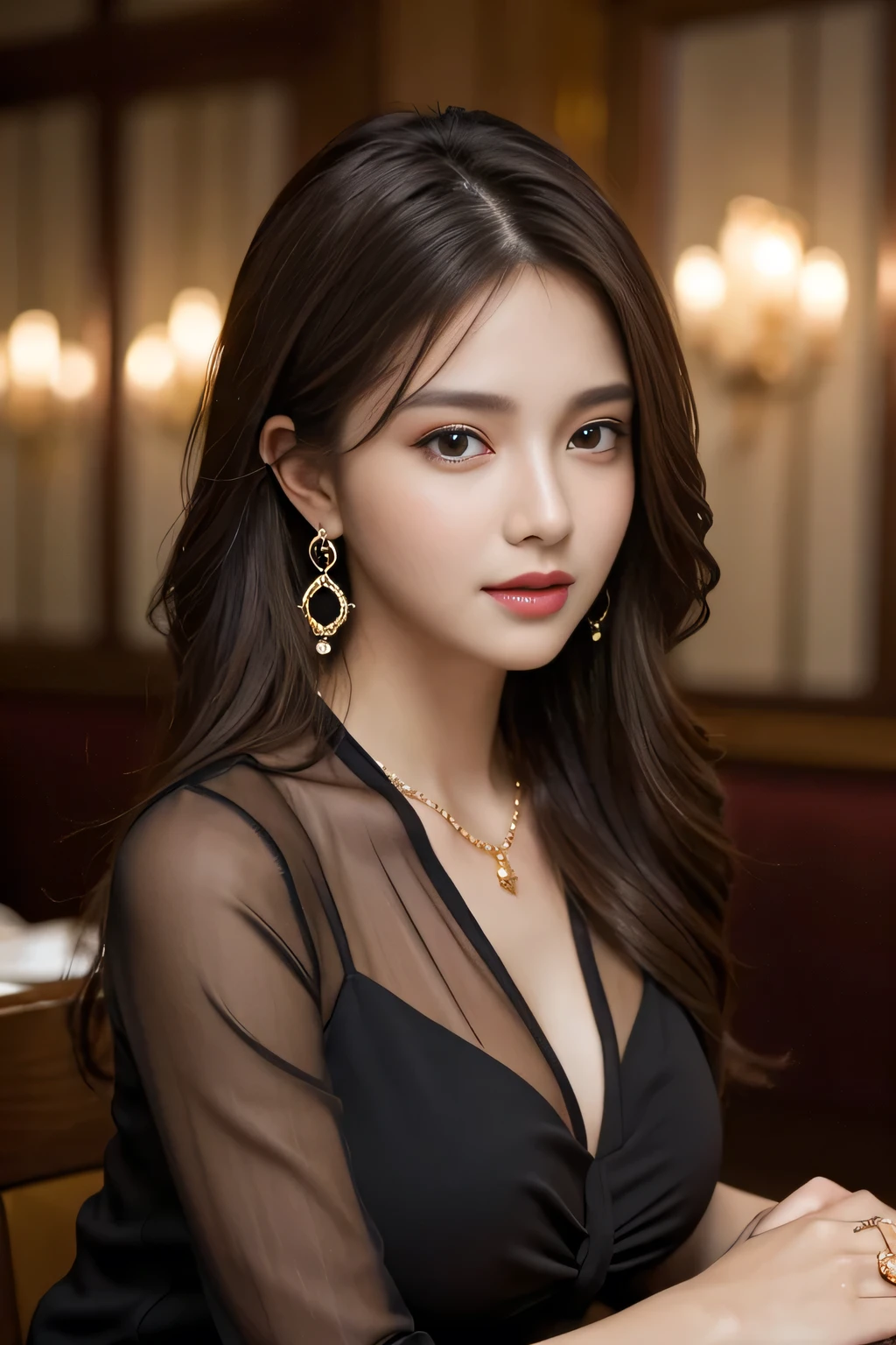 masterpiece, highest quality, Realistic, Very detailed, Finer details, High resolution, 8k wallpaper, One beautiful woman, Wear an elegant black see-through blouse, In a great restaurant, At night, Light brown messy hair, Perfect dynamic composition, Beautiful and beautiful eyes、Big earrings