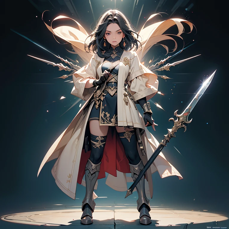 Design a layout showcase Gaming character, (1girl). Golden+Purle clothes, stylish and unique, ((showcase weapon:1.4)), magic staff, (masterpiece:1.2), (best quality), 4k, ultra-detailed, (Step by step design, layout art:1.5), (luminous lighting, atmospheric lighting), magican, ((glove full hands)), (((revealing clothes:1.3))), vambraces, armored legwear, (((full_body_shot:1.4)))