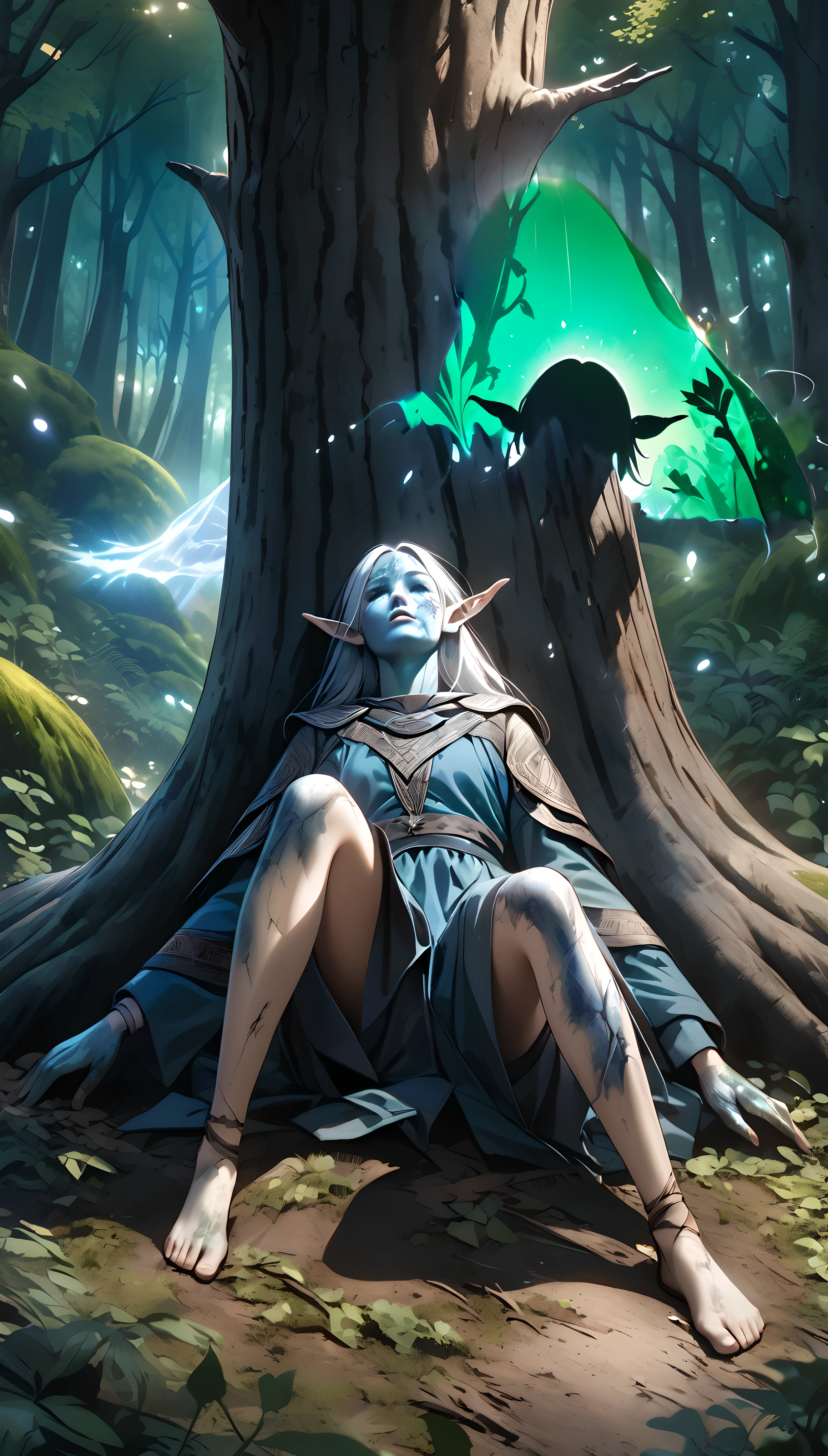 ((Silhouette of an elf, Shining emerald green, Mysteriously)), Aesthetic soft light,