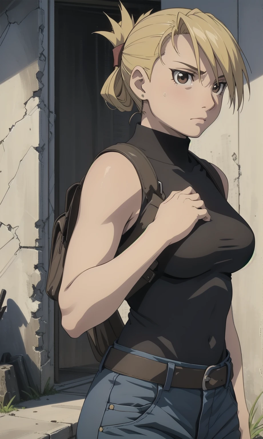 masterpiece, highest quality, High resolution, One Girl, Hamriz, ponytail, Brown eyes,Big Breasts, Black Shirt, Tight shirt, holster, Short sleeve, belt, Covered navel, Blue pants,Abandoned City、Outdoor、Sand smoke、Upper body close-up、Muscular body、blush、Sweat、Composition from the front、anime、Hide your arms behind your back、(((look up、View your viewers、Stare here、null．cloud、blush、Dissatisfied face)))