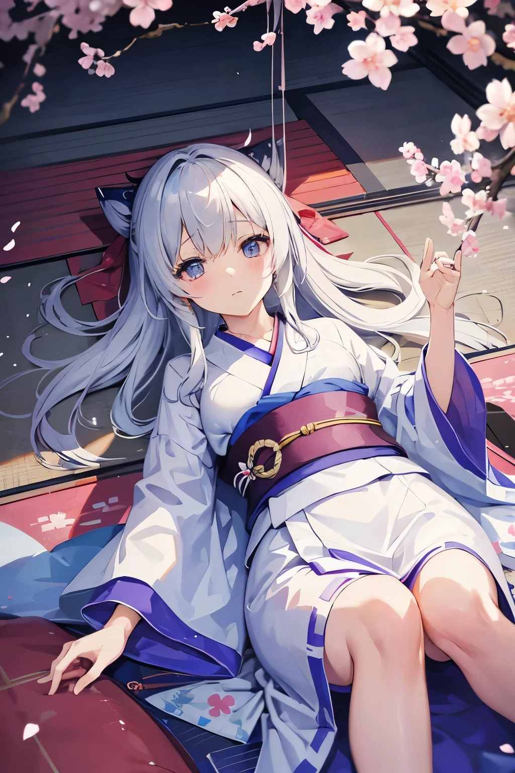 Japanese style Inside the playground。 A woman with light blue eyes and long silver hair She is wearing a very light purple kimono.。Cherry blossom petals are falling all around。The scene is night。 Inside the playgroundに月の光が差し込んでいる。The prostitute has a somewhat sad expression on her face.。Lying down、Looking up at something。overall dark、There is a shadow of a prison
