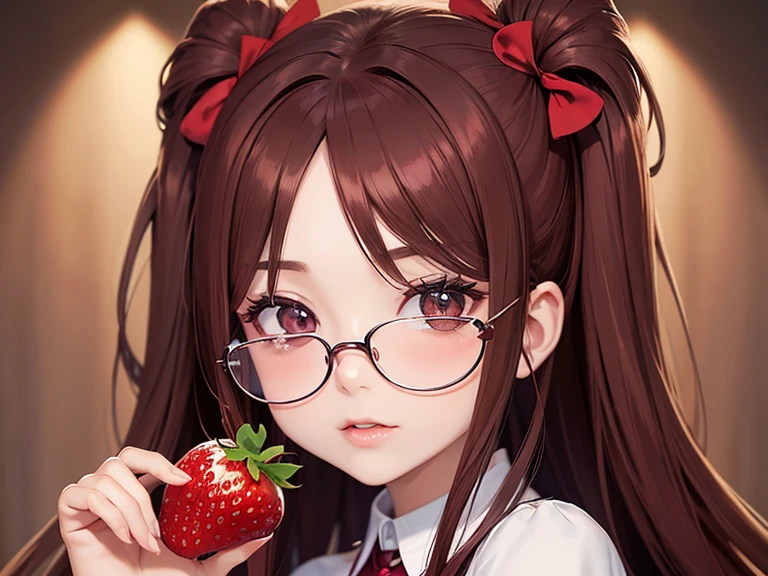 wallpaper de personagem ruiva de cabelos cacheados grande, medium brown eyes wearing burgundy glasses, with a small mole on the left side of the face on the cheek a few centimeters away from the mouth, com estilo meio fofo inspirado no anime NANA, You can place props in the background like strawberries and bows