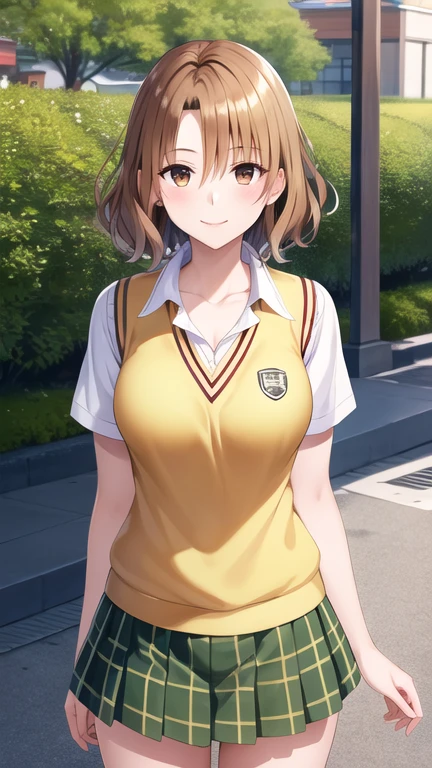 masterpiece, best quality, highres, 1girl, solo, short hair, brown hair, brown eyes, breasts, collarbone, , collared shirt, white shirt, sweater vest, (yellow vest:1.1), short sleeves, plaid skirt, green skirt, cowboy shot, standing, outdoors, smile