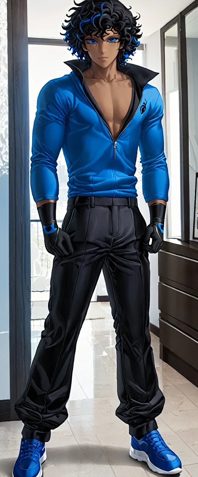 Jovem adolescente, super heroi , unforme azul e preto, sobretudo preto, mascara preta, e cabelos pretos ondulados, cabelo curto, franja curta, homem, Wide black pants, menino, personagem masculino, casaco preto, moletom preto e azul, espada negra, roupas largas, roupas compridas e pretas
