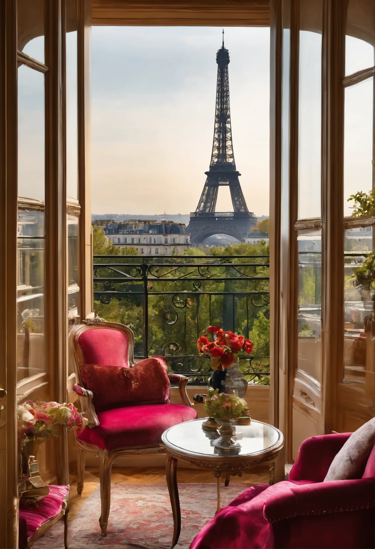 French style,living、Luxurious room with a view of the Eiffel Tower