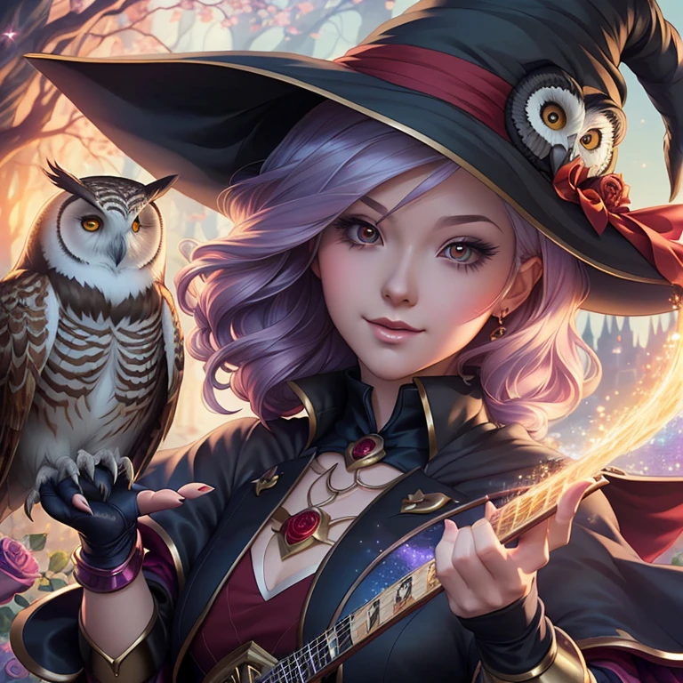 (Best Quality, tmasterpiece:1,1), ( Mystics Package, Little witch with an owl, rose hair, illustartion, by Ross Tran), painting, Detailed, ((Ross Tran Style)), 8K