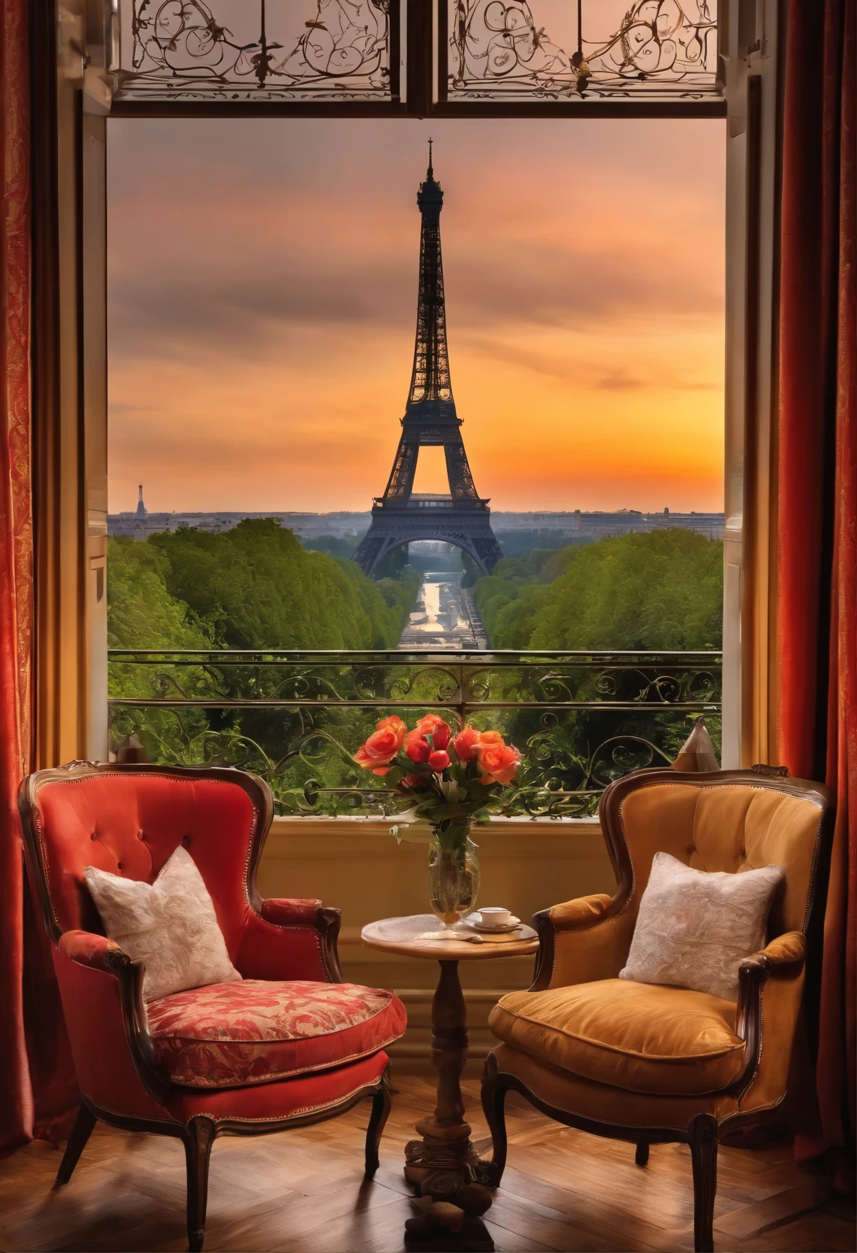 French style，living、Luxurious room with a view of the Eiffel Tower