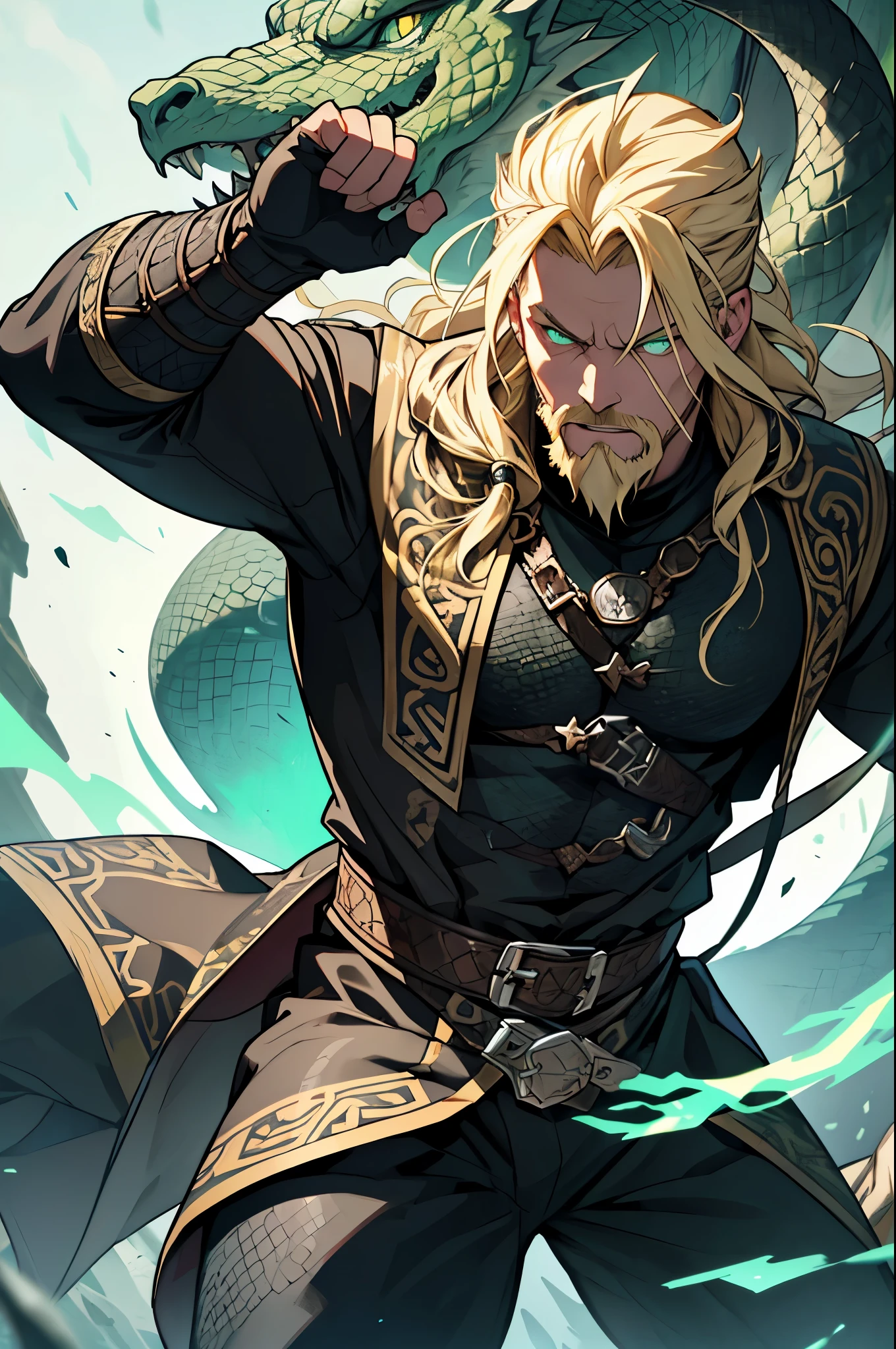 Illustrate Ragnar Bjornsson (Jormungandr) in an action pose. He is in the midst of battle, his leather and metal armor with snake motifs and wolf fur cloak moving dynamically. His intense green eyes are focused and fierce, and his long blond hair and thick beard flow with his movements. Surround him with a dynamic aura of dark, serpentine energy, with moving reptilian shadows and a dark green glow, to showcase his connection with Jormungandr and his powerful presence.