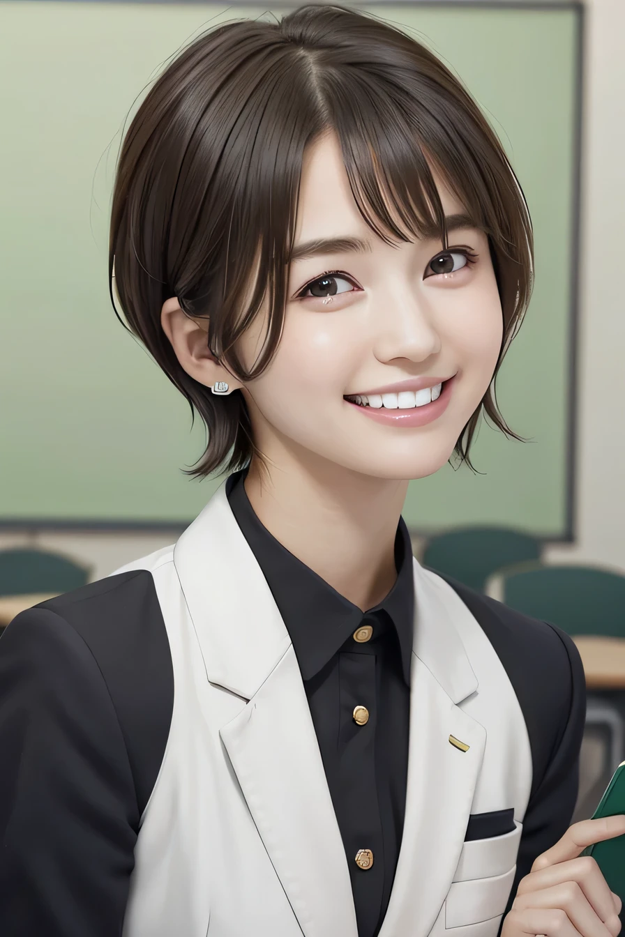 205 ((short hair)), 20-year-old female, College uniforms、A blazer uniform with green lines、smile、Beautiful teeth alignment、Black Hair、ear piercing、Looking into the camera, The background is the classroom