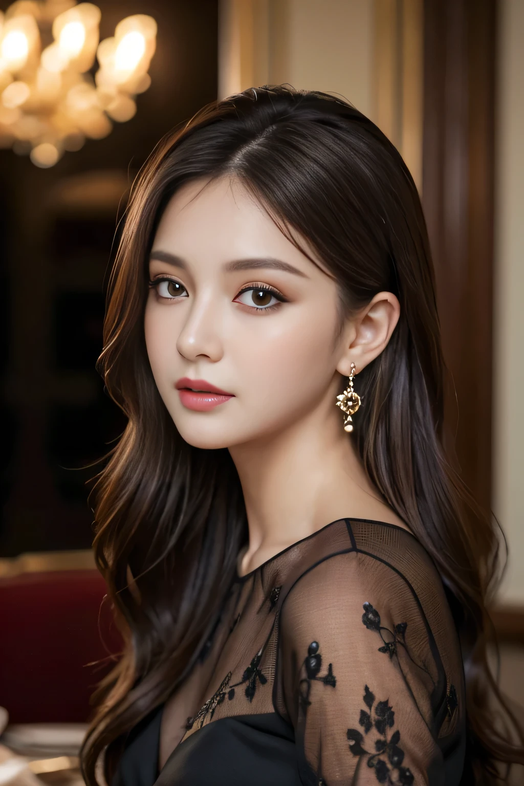 masterpiece, highest quality, Realistic, Very detailed, Finer details, High resolution, 8k wallpaper, One beautiful woman, Wear an elegant black see-through blouse, In a great restaurant, At night, Light brown messy hair, Perfect dynamic composition, Beautiful and beautiful eyes、Big earrings