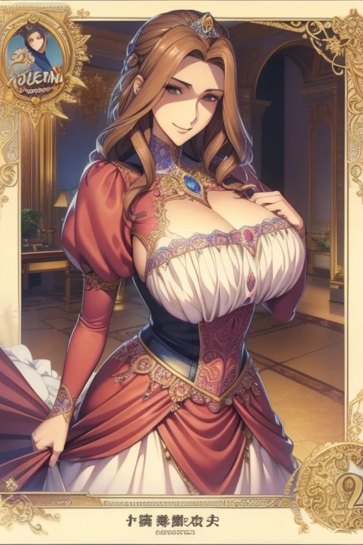 Mature Woman,((Anime art style)),(masterpiece),(highest quality), (Super detailed),((Very delicate and beautiful)),((alone)),((whole body)),((1 Queen in gorgeous Victorian dress)),Detailed face and eyes,Jewel-like eyes,((voluminous and very long straight hair)),((Gorgeous embroidery and lace)),Gorgeous corsage,See through,Gorgeous hair accessories,Gorgeous sparkly jeweled tiara,Adult women,,Skin dents,((whole body)),((Skirt of Hope,crinoline)),Standing pose,Dynamic Angle,View Viewer,Royal Victoria Palace,(((Gorgeous Victorian dress with gorgeous embroidery)),whole body,Large Breasts, Grin、With a creepy smile, A slanted smile at the corners of the mouth,View your viewers, blush, Open your mouth,Place your hands on your chest
