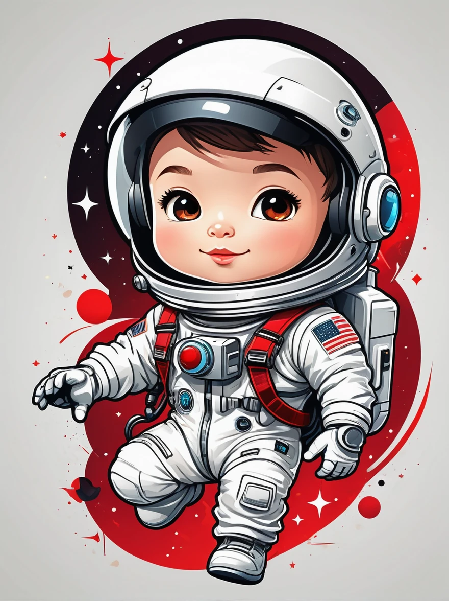 卡通Graffiti人物，Vector illustration，A visually striking chibi astronaut is portrayed in great detail，He wears a black visor，Wearing a refreshing white suit with red straps，The cute hero rides a children&#39;s tricycle with large grippy tires，Exploring the lunar surface，背景展示了一个充满Graffiti风格的星星和宇宙奇观的宜人星系，This piece of concept art combines anime、Graffiti、Illustration and typography，Created a whimsical，Imaginative image of space exploration，Add whimsy to the scene，1xhsn1