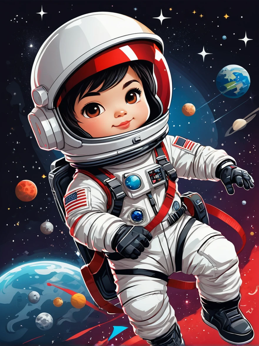 卡通Graffiti人物，Vector illustration，A visually striking chibi astronaut is portrayed in great detail，He wears a black visor，Wearing a refreshing white suit with red straps，The cute hero rides a children&#39;s tricycle with large grippy tires，Exploring the lunar surface，背景展示了一个充满Graffiti风格的星星和宇宙奇观的宜人星系，This piece of concept art combines anime、Graffiti、Illustration and typography，Created a whimsical，Imaginative image of space exploration，Add whimsy to the scene，1xhsn1