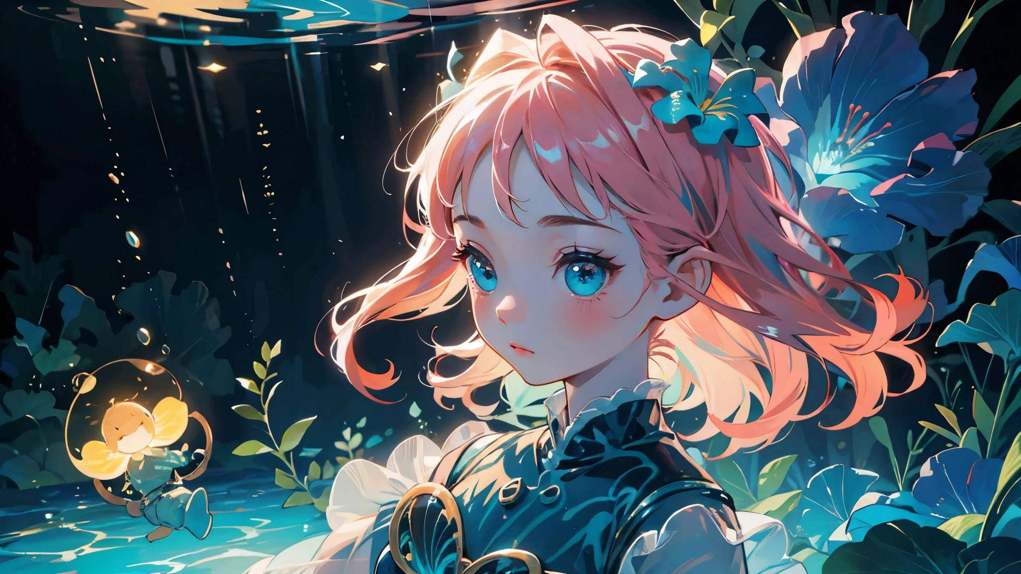 Photorealistic、Chibi Girl Doll(Enjoying the underwater world、tropical fish、Bioluminescence)