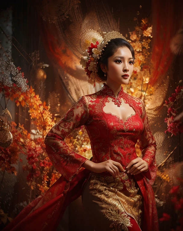 A truly charming appearance featuring an Indonesian woman dressed in a red kebaya typical of Indonesian traditional clothing who looks dashing and energetic.