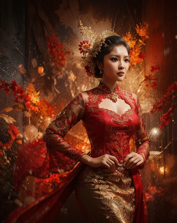 A truly charming appearance featuring an Indonesian woman dressed in a red kebaya typical of Indonesian traditional clothing who looks dashing and energetic.