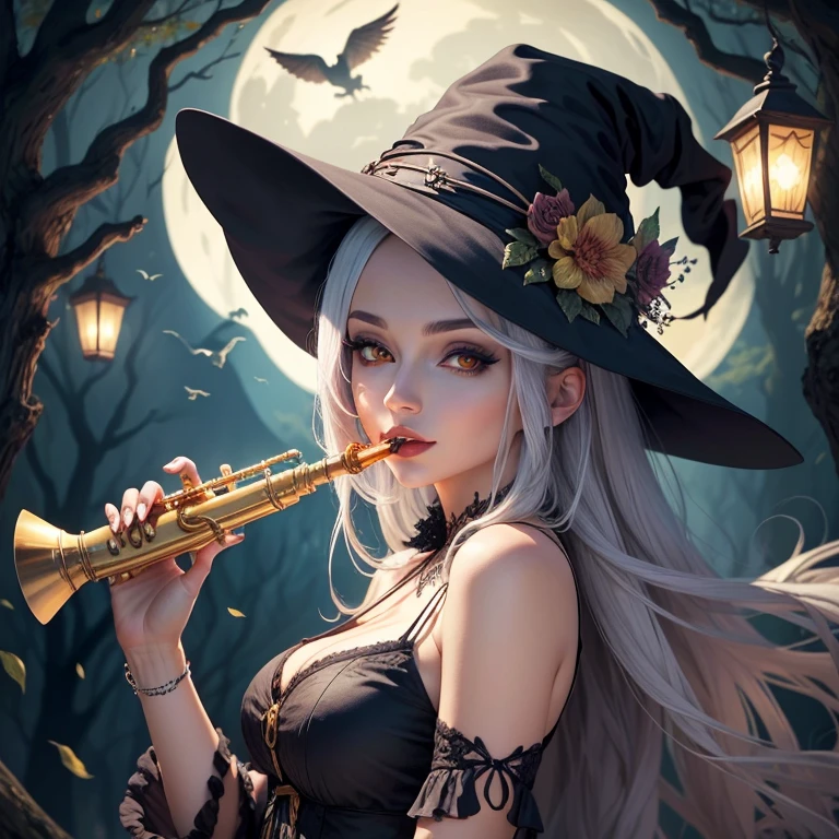 An attractive witch with an owl, tocando una flauta, estilo anime