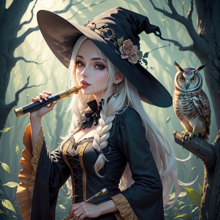 An attractive witch with an owl, tocando una flauta, estilo anime