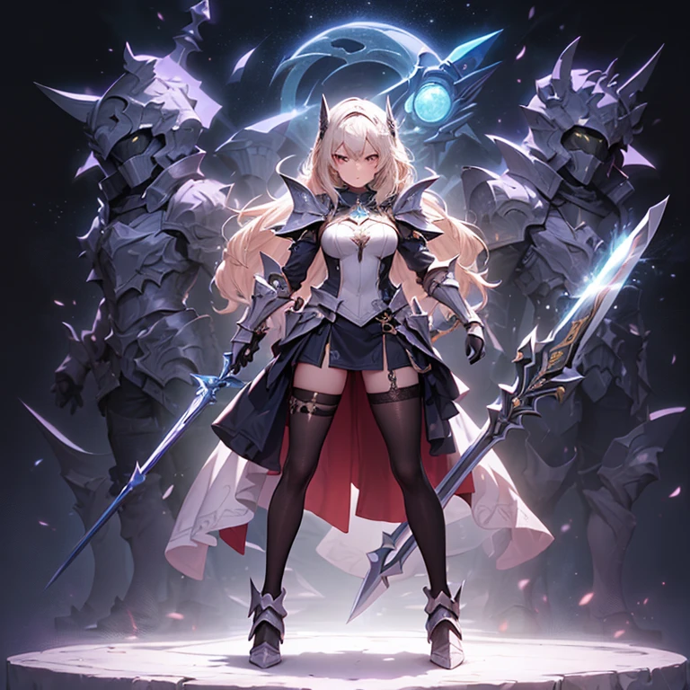 Design a layout showcase Gaming character, (1girl). Golden+Purle clothes, stylish and unique, ((showcase weapon:1.4)), magic staff, (masterpiece:1.2), (best quality), 4k, ultra-detailed, (Step by step design, layout art:1.5), (luminous lighting, atmospheric lighting), magican, ((glove full hands)), (((revealing clothes:1.3))), vambraces, armored legwear, (((full_body_shot:1.4)))