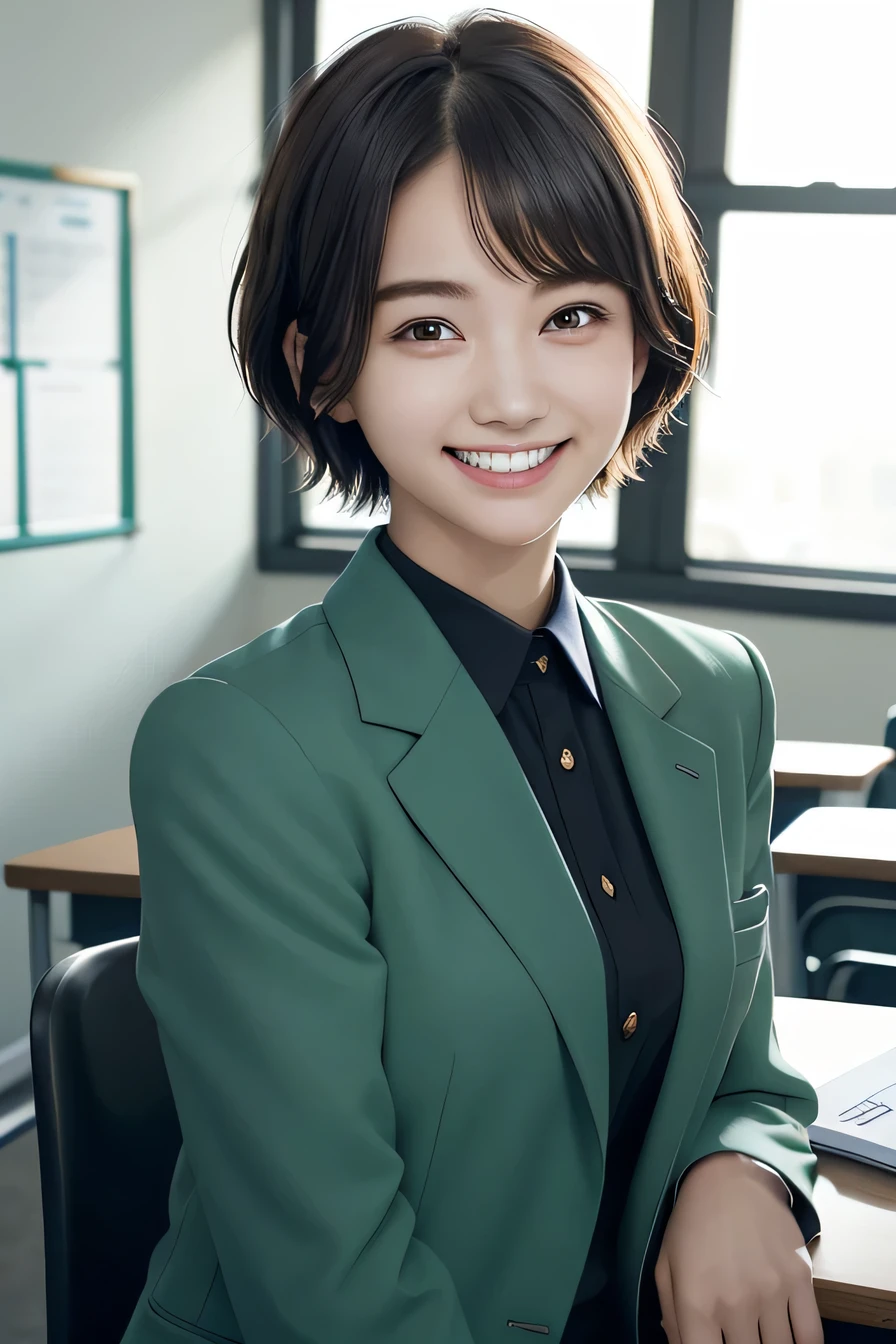 205 ((short hair)), 20-year-old female, College uniforms、A blazer uniform with green lines、smile、Beautiful teeth alignment、Black Hair、ear piercing、Looking into the camera, The background is the classroom