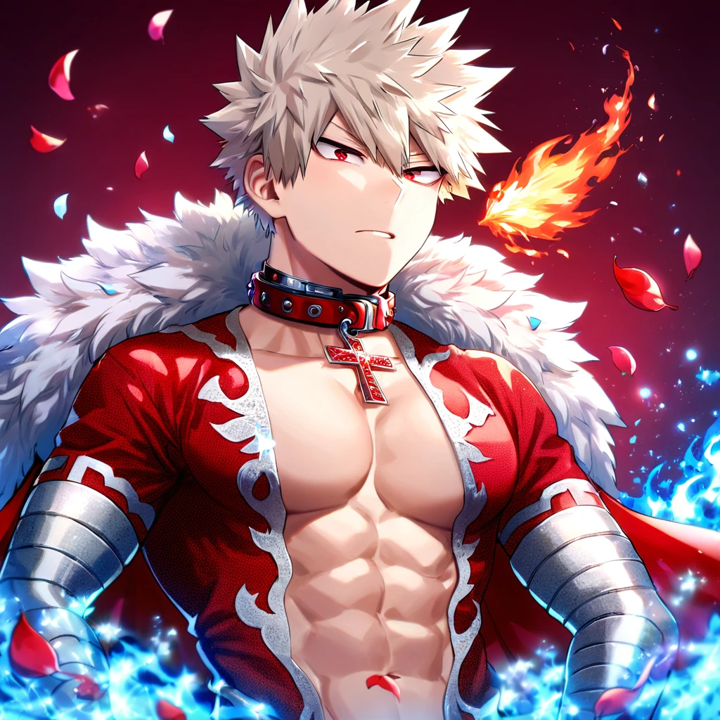 Ultra detailed, HDR, Highres, absurdres, master piece, Bakugo Katsuki, ash blond hair, expressive red eyes, Boku No Hero Academia, red glittering butterflies, petals, fantasy, red flowers, sexy man, solo, handsome, glittering, toned chest, red cape with a collar fur, red background, neckle, cross, magical, fire, very detailed eyes and face,