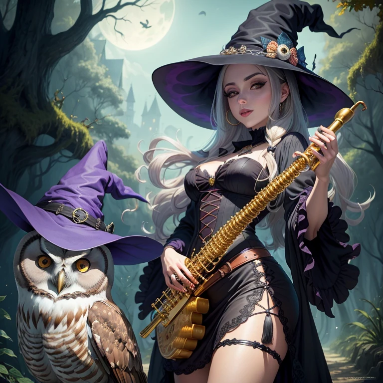 An attractive witch with an owl, tocando una flauta, estilo anime