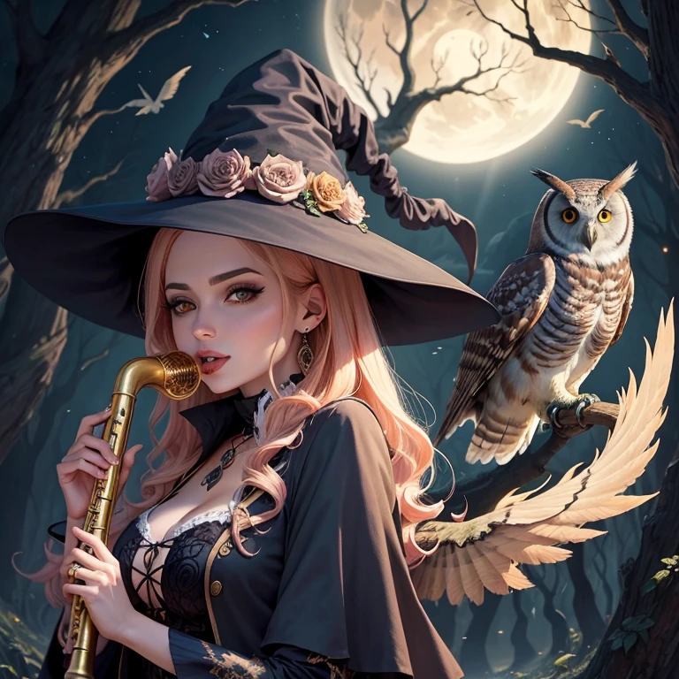 An attractive witch with an owl, tocando una flauta, estilo anime