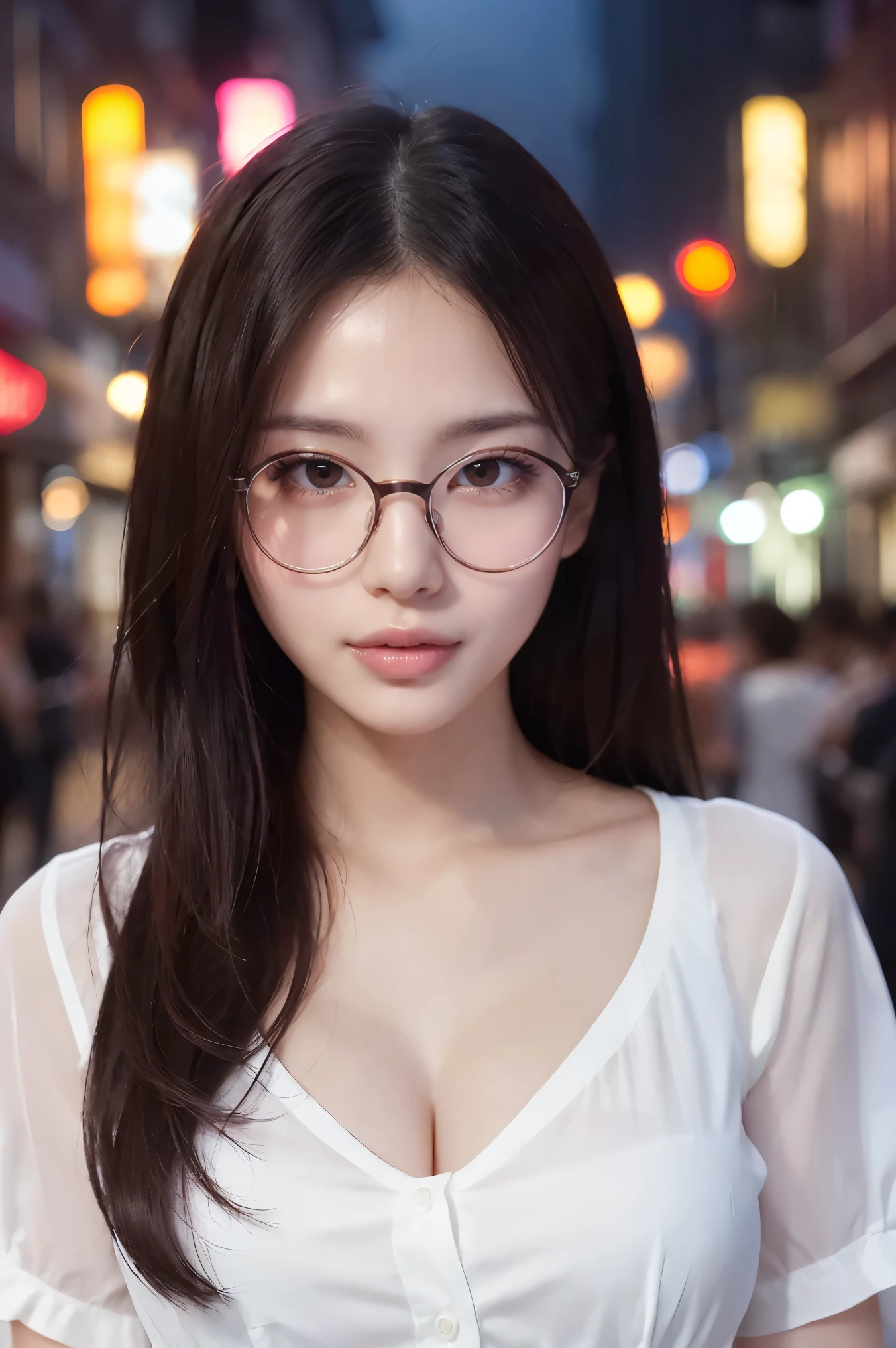 (highest quality、Tabletop、8k、Best image quality、Award-winning works)、One beautiful woman、Age 25、Perfect beautiful composition、(Classy glasses:1.1)、(Cleavage:1.1)、Big breasts that look like they might burst、Accentuate your body lines、(Perfect and precise white polyester shirt:1.3)、look at me、(Sexy look:1.1)、Perfect Makeup、attractive、Sexy、Lustrous and bright lips、Accurate anatomy、(Face close-up:1.3)、look at me、(The moodiest entertainment district lighting:1.1)、(Moody and romantic atmosphere blurred red light district street background:1.2)、Perfect Makeup、Ultra-high definition beauty face、Ultra HD Hair、Ultra-high definition moisturizing eye area、(Ultra High Resolution Perfect Teeth:1.1)、(Ultra-high resolution glossy skin:1.1)、Super high quality glossy lip