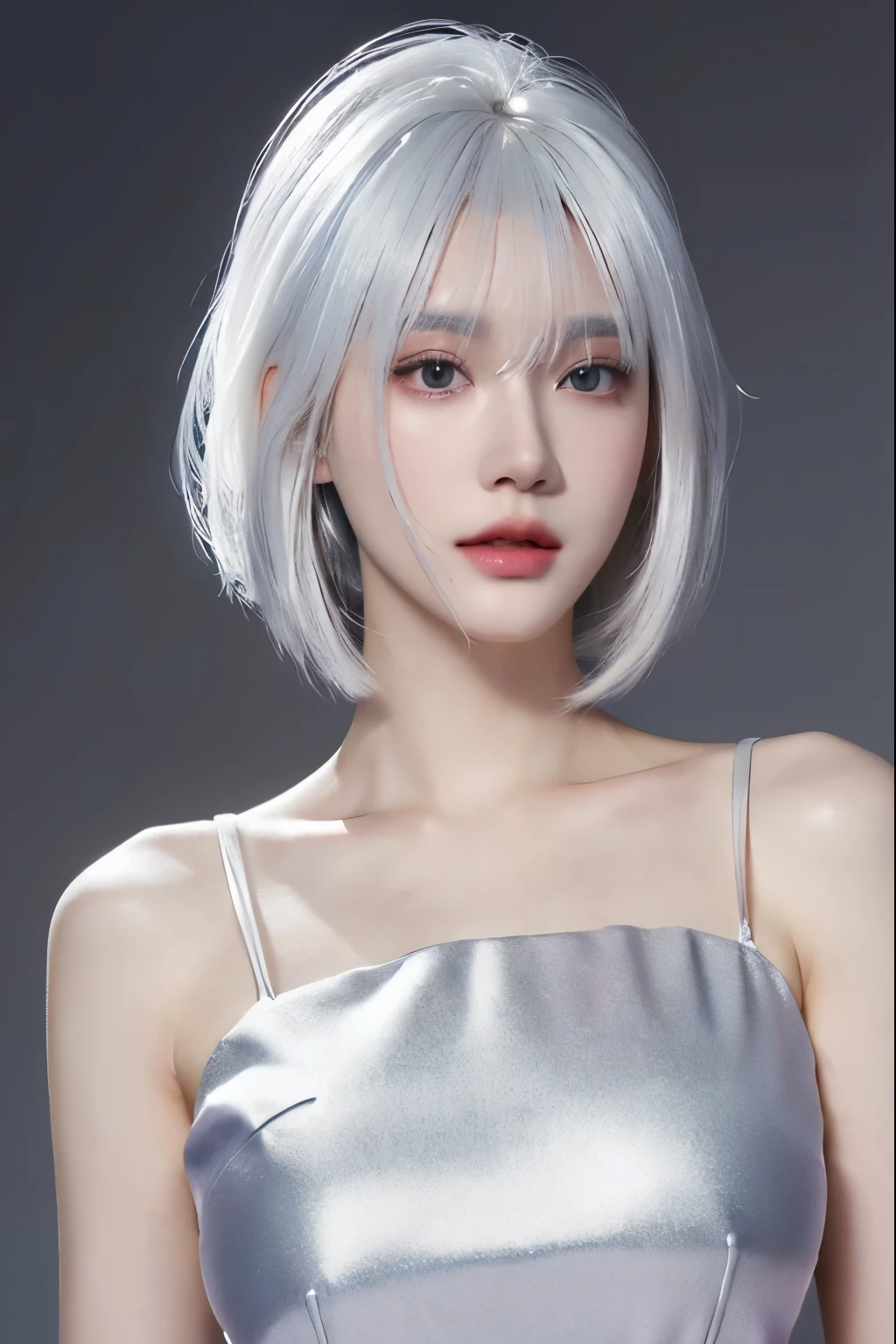 a close up of a woman white hair and a silver top, inspired by Yanjun Cheng, yanjun chengt, White straight hair, White short hair, flowing white hair, Fine white hair, Belle Delphine, blackpink josie&#39;s portrait, Portrait of a Korean female idol, Larissa Manobar, Xision Wu, pastel pink skin tone，Silver bandeau dress