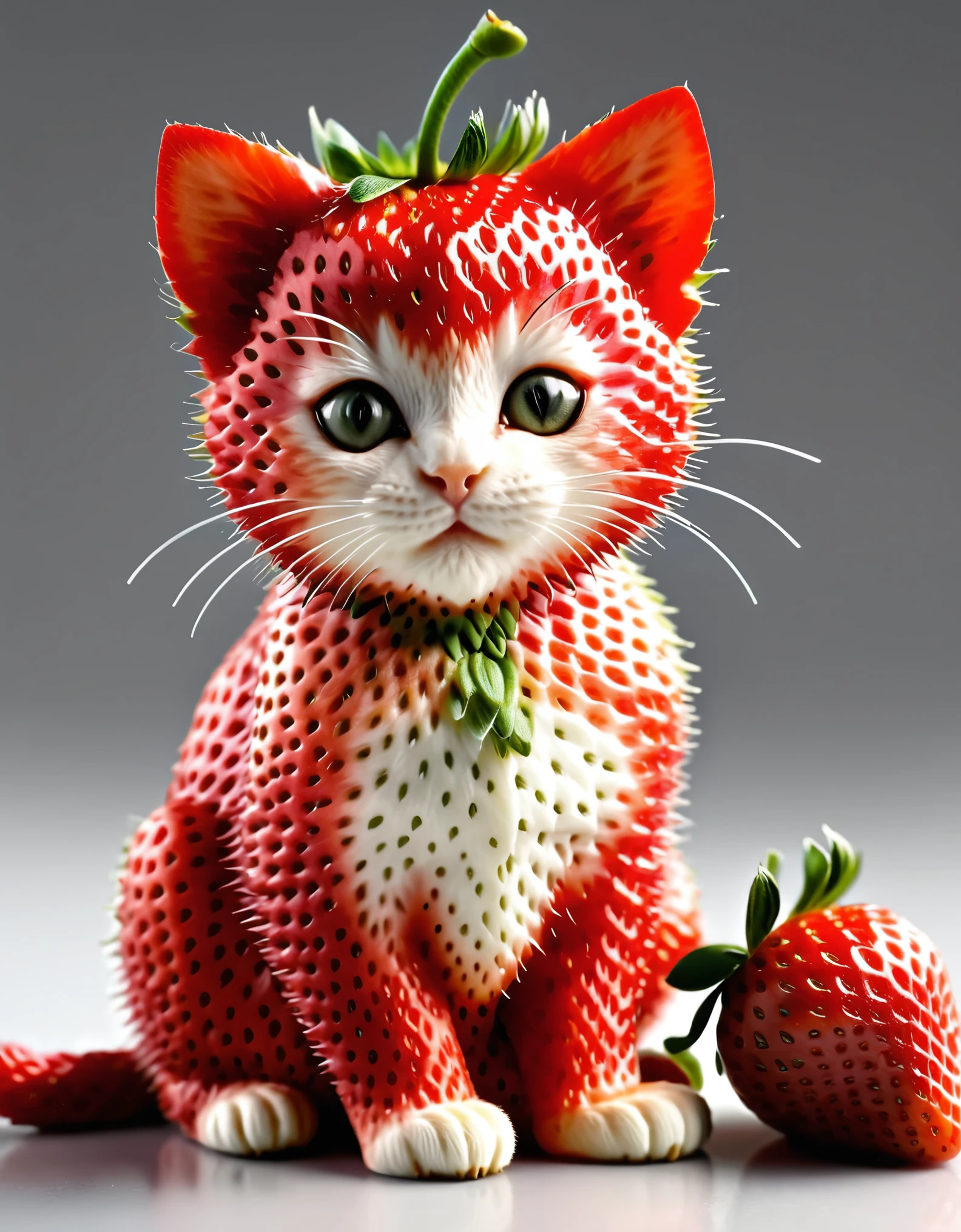 cat, detailed realistic close up of a strawberry shaped like a kitten, sitting, natural light, strwbrrxl
