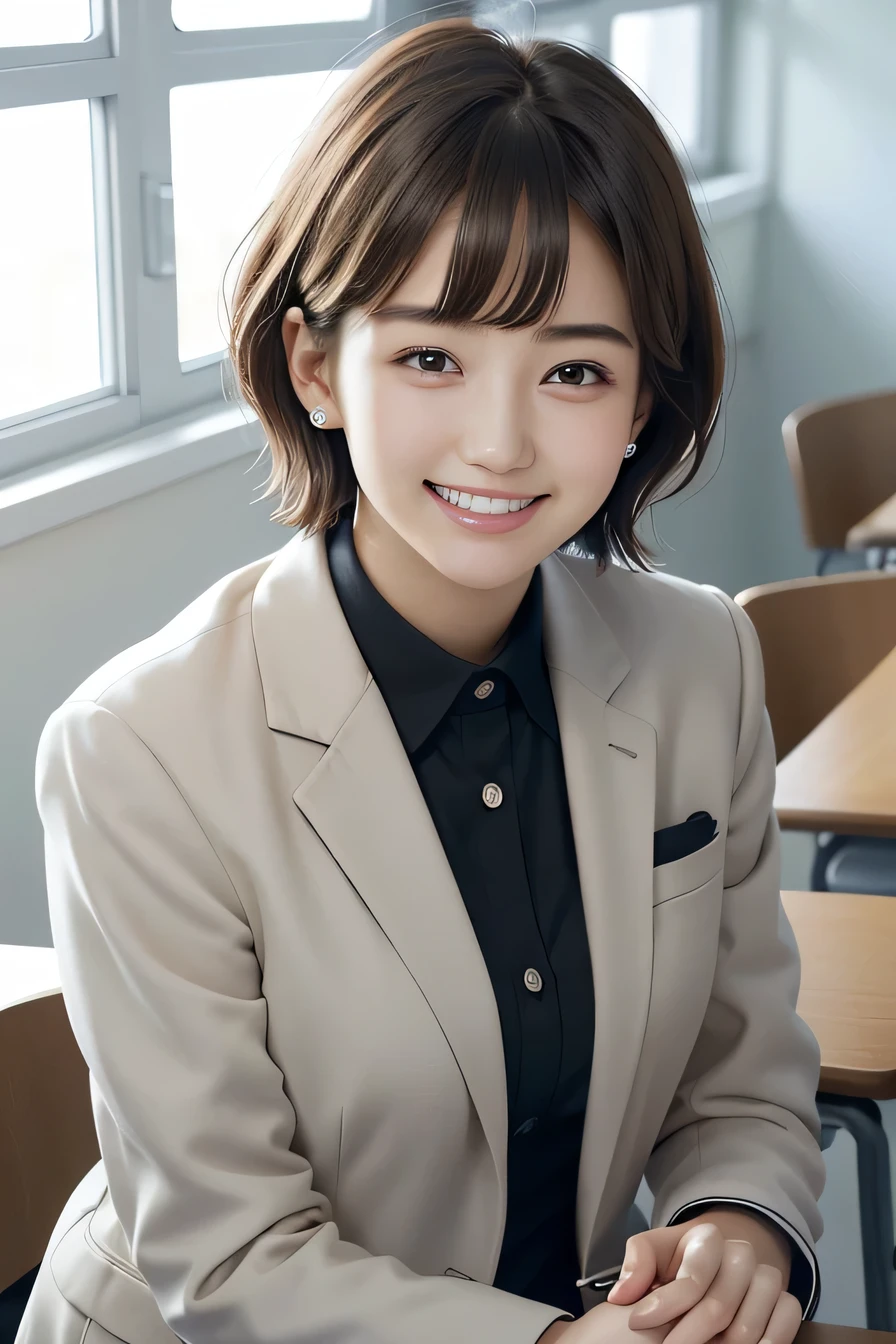 205 ((short hair)), 20-year-old female, College uniforms、Blazer uniform、smile、Beautiful teeth alignment、Thick black hair、ear piercing、Looking into the camera, The background is the classroom