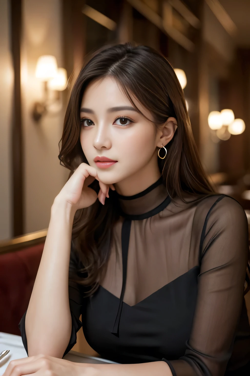 masterpiece, highest quality, Realistic, Very detailed, Finer details, High resolution, 8k wallpaper, One beautiful woman, Wear an elegant black see-through blouse, In a great restaurant, At night, Light brown messy hair, Perfect dynamic composition, Beautiful and beautiful eyes、Big earrings