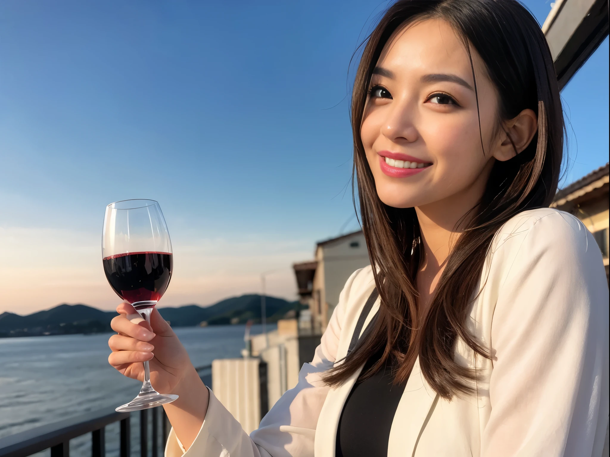 ((highest quality、8k、masterpiece:1.3))、1 male、1 female、石原さとみ似美女Couple、Spouse、Couple、The body is slim、((Bob Hale、Straight hair:1.2)), (Realistic, Intricate details:1.2), テーブルの上のwine glass、Put the light on your face、 Amazing view of the sunset sky and clouds、Amazing mountain views、A bright smile、The wonderfulness of smile、Bright image、The beauty of wine, Beautiful Face, blue eyes, The light shines on your face, Blushing, short hair,Bright Face、 (Age 37), "41 years old, red wine 、Appetizers、Italian food、Wine bottle、Champagne、sparkling wine、Two beauties、Brown Hair、Shortcuts、Long sleeve shirt、dress、Pretty Woman 1, (slimな顔), (The body is slim), (Brown Hair), (Shortcuts), cheeks turn a little red,Attractive beauty、restaurant, In a prominent place (From the waist up) Nova Frog Style, actress, model, Upper Body, White wine, slim, wine glass, 中央に置かれたwine glass, smile, (smile: 1.15), Beautiful fine grain, Depth f/2,saturation, High Contrast, Strong light and shadow,Moist Body:1.5、3D texture、Delicate eyes、Brown Hair、The hair is very shiny、