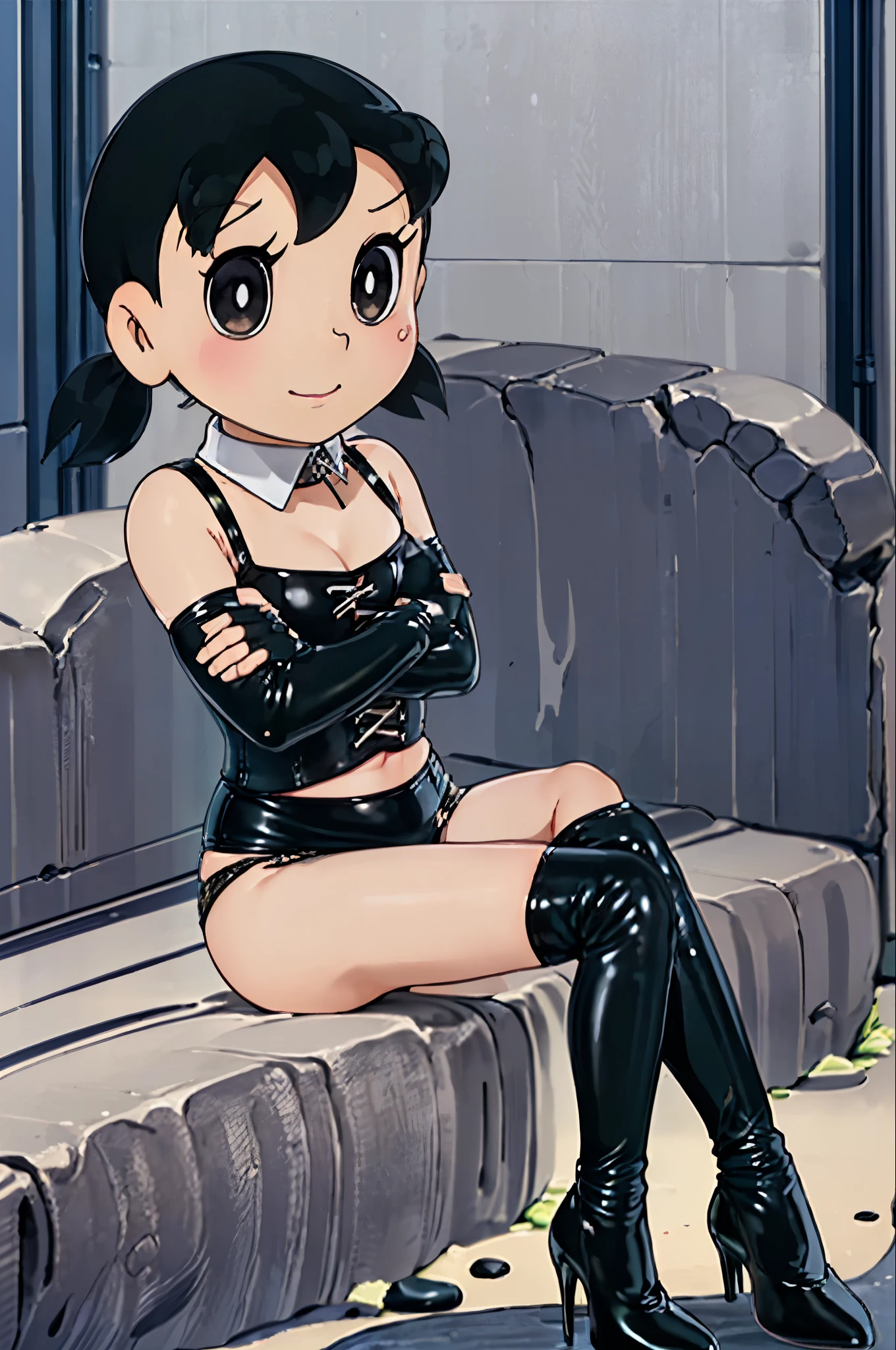 (((chibi:1.4)))、(((Lori:1.4)))、(((low length:1.4 )))、(((Child body type:1.4 )))、BDSM、Queen、mistress、(((One girl)))、solo、(((Long gloves covered to the fingertips in black latex:1.4 )))、(((Black latex corset dress:1.4)))、(((The corset dress is decorated with beautiful lace.)))、((halter neck corset dress:1.4)))、(((Black latex tight mini skirt:1.4)))、(((Black Thigh Boots)))、(((Black fishnet stockings:1.2 )))、(((Stiletto heels:1.4)))、(((Black latex panties)))、(((Black latex bra)))、(((Black leather collar)))、(((Sexy pose:1.4 )))、Wide-open legs:1.2、(((Erotic)))、(((Cowboy Shot)))、(((Full Body Shot)))、Shizuka-chan、Sit on a chair、(Crossing your legs:1.4)、(Cross your arms:1.4 )、Gazing at the audience、Cold Stare、Wicked Smile、Frowning、blush:1.4、Sweat