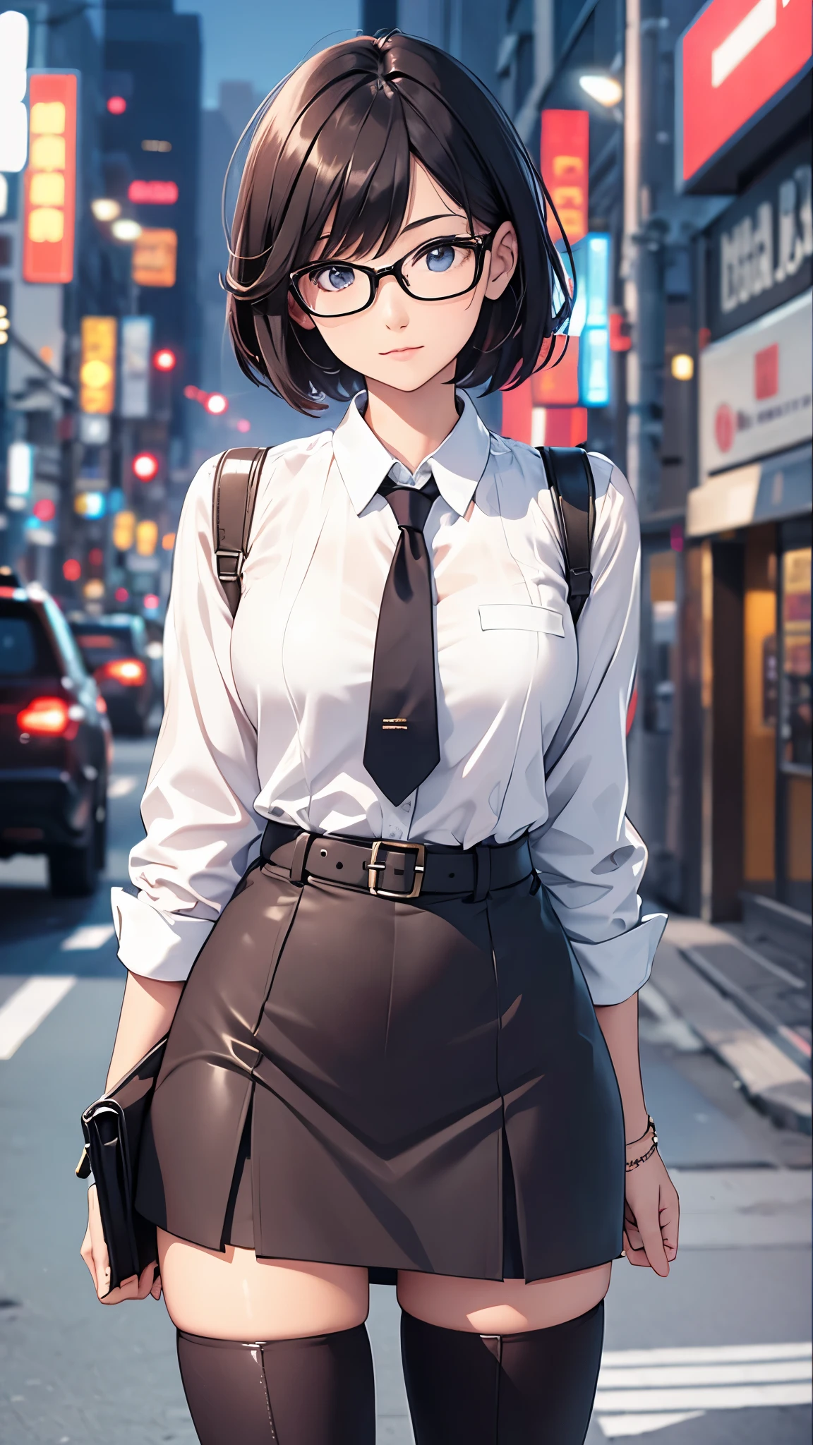 One 30 years old woman,very short hair,glasses,office casual style,suits,tight skirts,pantyhose,((knee high long boots)).