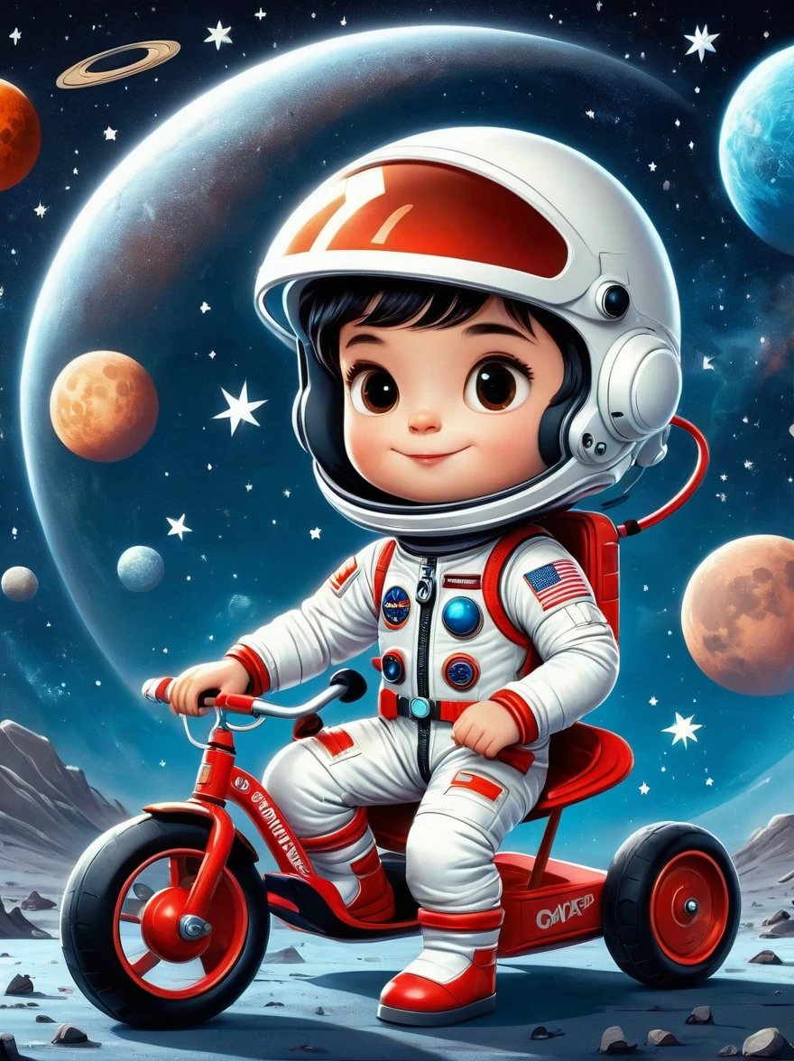 Cartoon graffiti characters,Vector illustration,cinematic film still A visually striking chibi-style astronaut is depicted with remarkable detail, wearing a black tinted visor and a crisp white suit with red straps. This adorable hero is captured riding on a child's tricycle with big grippy tires, exploring the surface of the moon. The background showcases a delightful galaxy filled with stars and cosmic wonder. This conceptual art piece blends anime, photography, illustration, and typography to create a whimsical and imaginative portrayal of space exploration,Add whimsy to the scene,1xhsn1