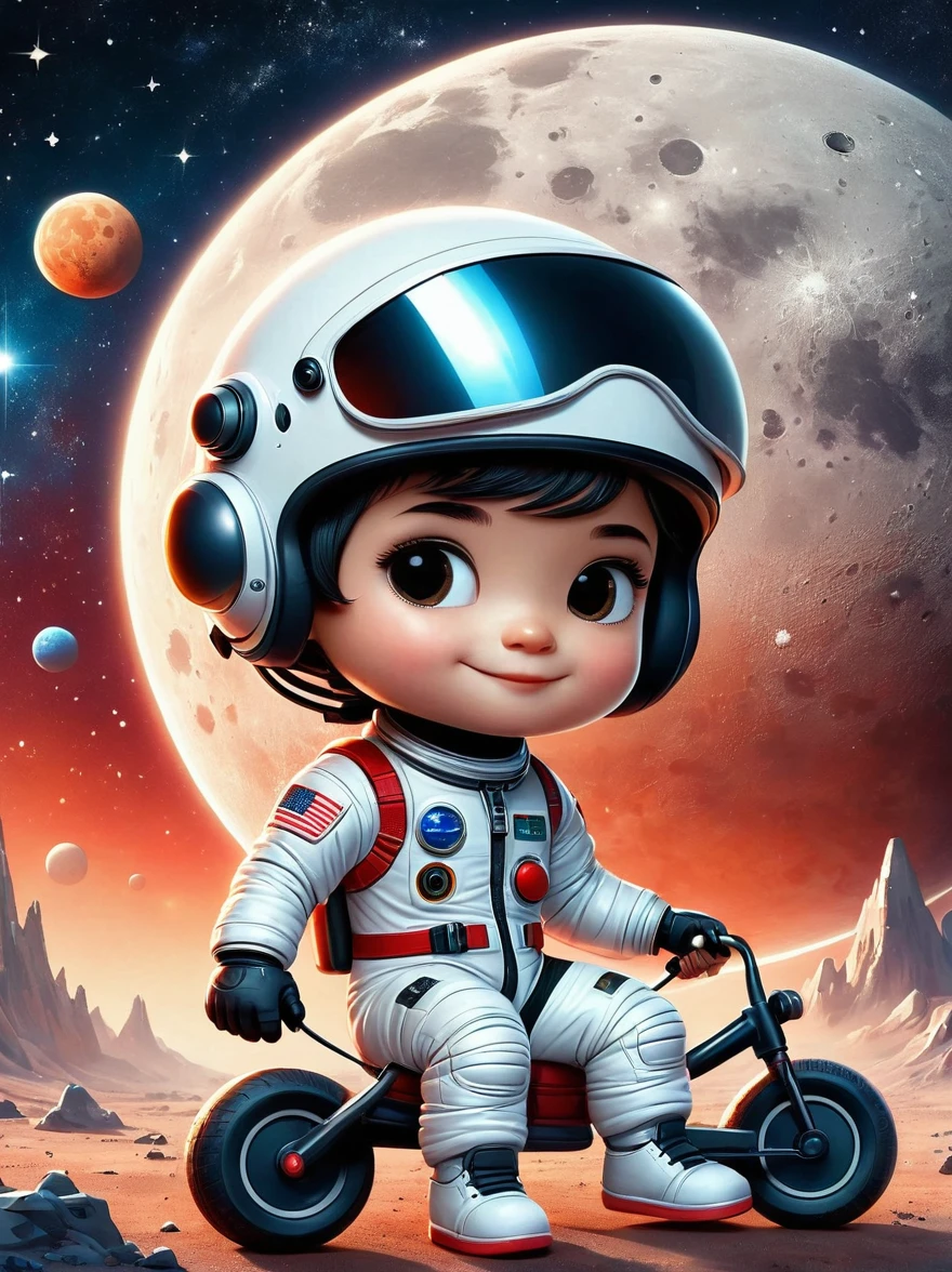 Cartoon graffiti characters,Vector illustration,cinematic film still A visually striking chibi-style astronaut is depicted with remarkable detail, wearing a black tinted visor and a crisp white suit with red straps. This adorable hero is captured riding on a 's tricycle with big grippy tires, exploring the surface of the moon. The background showcases a delightful galaxy filled with stars and cosmic wonder. This conceptual art piece blends anime, photography, illustration, and typography to create a whimsical and imaginative portrayal of space exploration,Add whimsy to the scene,1xhsn1