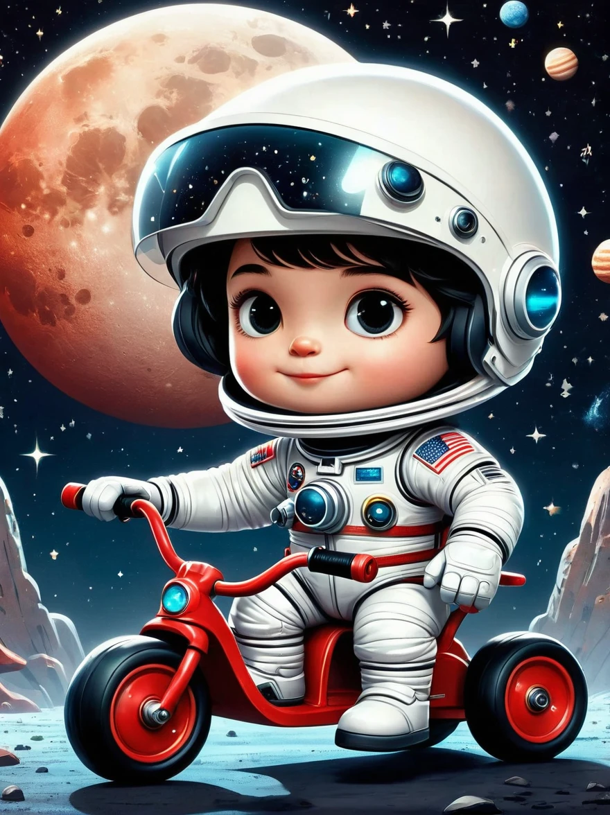 Cartoon graffiti characters，Vector illustration，cinematic film still A visually striking chibi-style astronaut is depicted with remarkable detail, wearing a black tinted visor and a crisp white suit with red straps. This adorable hero is captured riding on a child's tricycle with big grippy tires, exploring the surface of the moon. The background showcases a delightful galaxy filled with stars and cosmic wonder. This conceptual art piece blends anime, photography, illustration, and typography to create a whimsical and imaginative portrayal of space exploration，Add whimsy to the scene，1xhsn1