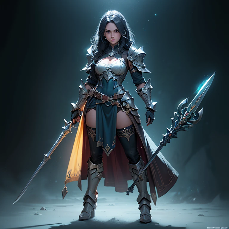 Design a layout showcase Gaming character, (1girl). Golden+Purle clothes, stylish and unique, ((showcase weapon:1.4)), magic staff, (masterpiece:1.2), (best quality), 4k, ultra-detailed, (Step by step design, layout art:1.5), (luminous lighting, atmospheric lighting), magican, ((glove full hands)), (((revealing clothes:1.3))), vambraces, armored legwear, (((full_body_shot:1.4)))